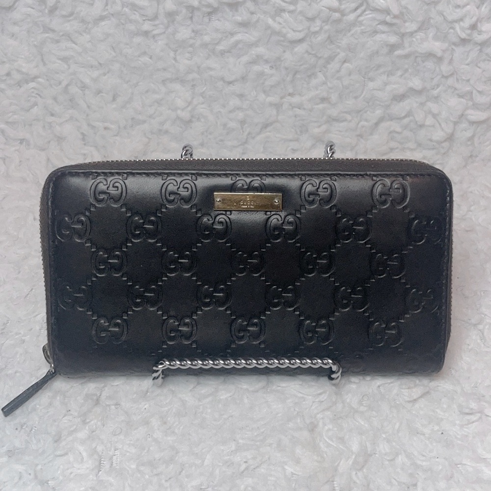 Gucci GG Guccissima Monogram Leather Zip Around Wallet Phone Holder Dark Brown